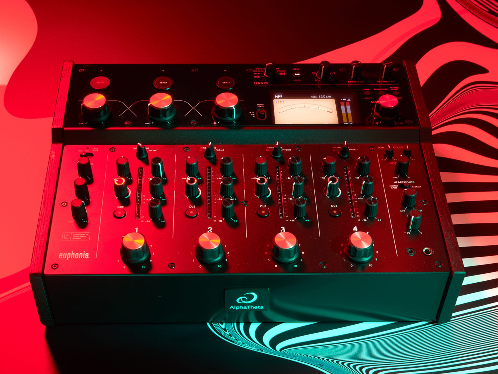 AlphaTheta Euphonia rotary mixer in rood licht